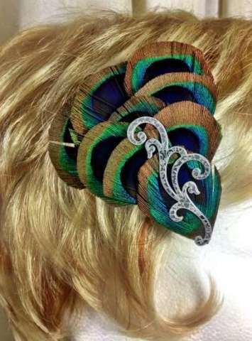 Peacock feather and silver hair fascinator clip