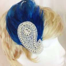 Electric blue feather and paisley rhinestone hair fascinator clip