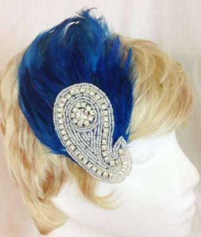 Electric blue feather and paisley rhinestone hair fascinator clip