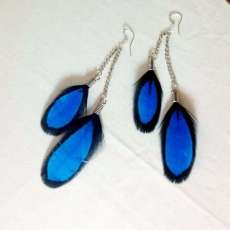 Electric blue pheasant feather dangle earrings