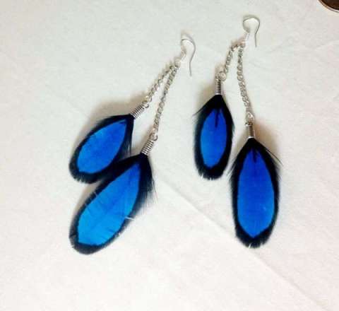 Electric blue pheasant feather dangle earrings