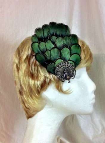 Green pheasant feather hair fascinator clip