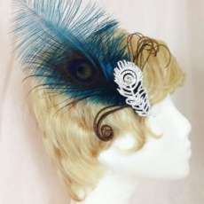 Teal ostrich feather and peacock rhinestone hair fascinator clip