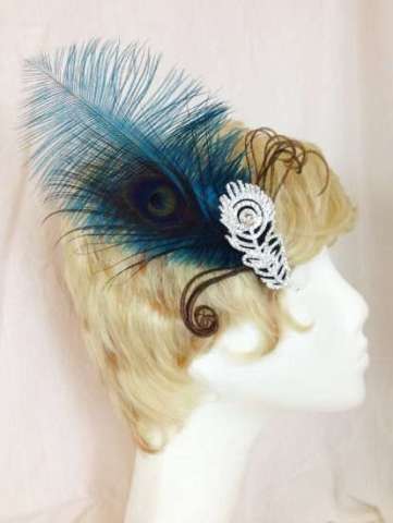 Teal ostrich feather and peacock rhinestone hair fascinator clip