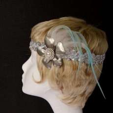 blue/ivory silver flower and crystal flapper headband