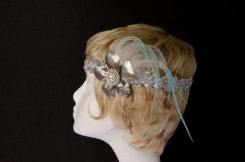 blue/ivory silver flower and crystal flapper headband
