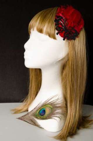 red and black curled feather and black butterfly hair fascinator clip