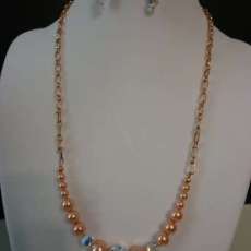 Rose Peach Swarovski pearls and crystals with copper chain