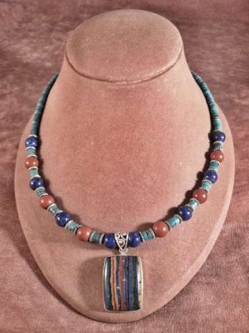 Rainbow Calsilica, Turquoise and Lapis Lazuli Necklace