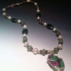 Ruby in Zoisite W/ Pearl and Tourmaline Necklace