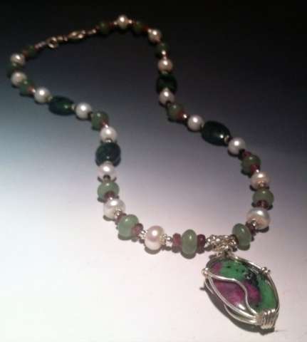 Ruby in Zoisite W/ Pearl and Tourmaline Necklace