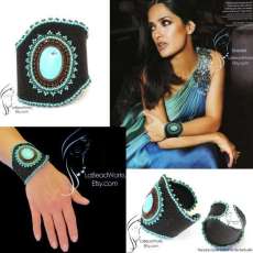 Beaded Turquoise Cabochon Stingray Leather Bracelet