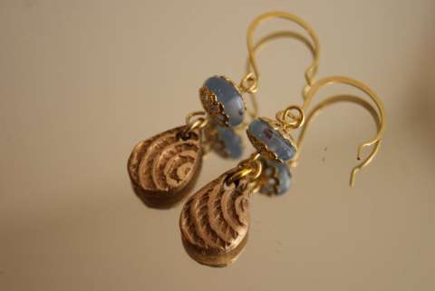  Queen Lili Hand Carved Bronze Drops Baby Blue Lampwork Bead Earrings