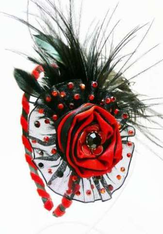 Red rose with black feathers and velvet fascinator headband