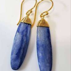 Gold Wire Wrapped Kyanite Elongated Dangle Drop Earrings