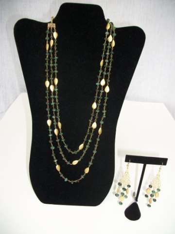 14kGF chain with Emeral beads; necklace and earrings