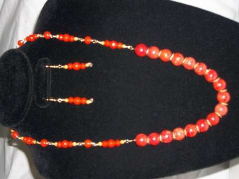 Orange Coral, agate, 14k GF chain necklace & earrings