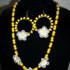 Grey Polymer Clay flowers with yellow beads; necklace and earrings