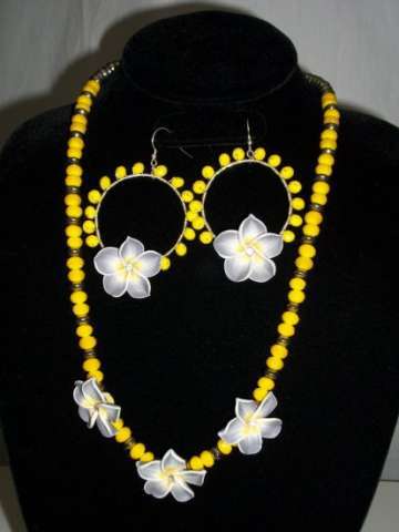 Grey Polymer Clay flowers with yellow beads; necklace and earrings