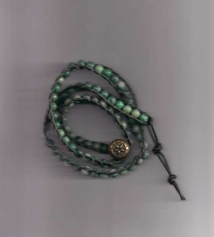 Ching Hai Jade beads/leather & Irish linen cord bracelet