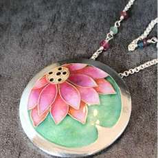 Cloisonne' Lotus on Lily Pad Necklace