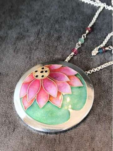 Cloisonne' Lotus on Lily Pad Necklace