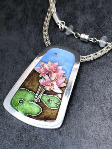 Lotus and Lily Pad Cloisonne' Enamel Necklace