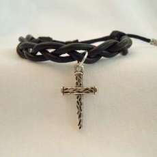 Black Leather Braid with Silver Spike Cross Bracelet