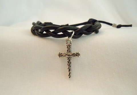 Black Leather Braid with Silver Spike Cross Bracelet