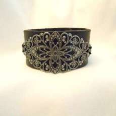 1.25 inch Black Leather Cuff with Silver Filigree PLate