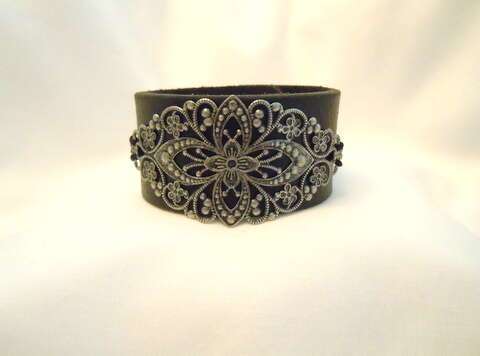 1.25 inch Black Leather Cuff with Silver Filigree PLate