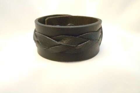 1.25 inch Black Leather Cuff with Braid Inlay