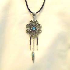 Silver Dream Catcher with Feather on Black Cord Necklace
