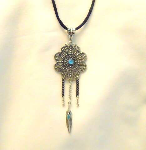 Silver Dream Catcher with Feather on Black Cord Necklace