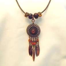 Bronze Dream Catcher with Feathers and Wooden Beads on Brown Cord