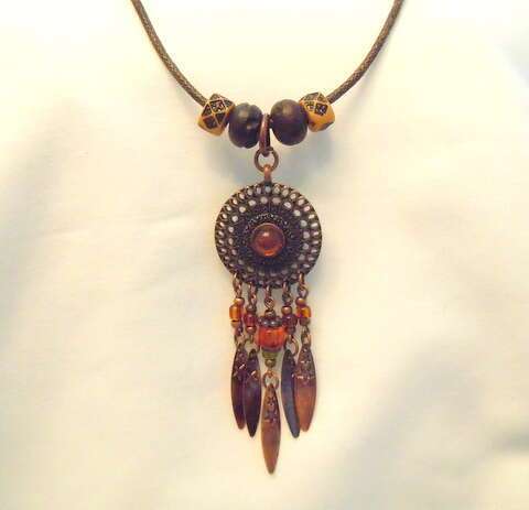 Bronze Dream Catcher with Feathers and Wooden Beads on Brown Cord