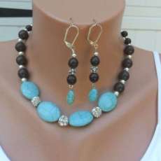Artesian Turquoise blue and brown Howlite Crystal Ball Necklace and Earrings set