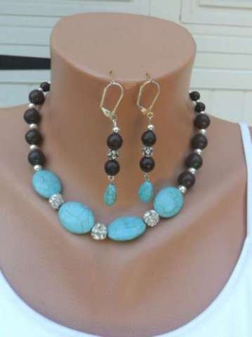 Artesian Turquoise blue and brown Howlite Crystal Ball Necklace and Earrings set