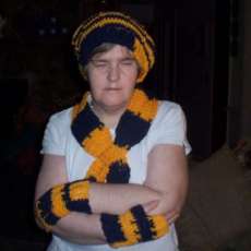 blue and gold hat and scarf set