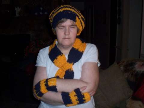 blue and gold hat and scarf set