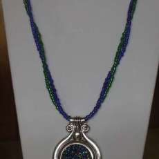 Blue and Green Beads with Multi Colored Silver Pendant