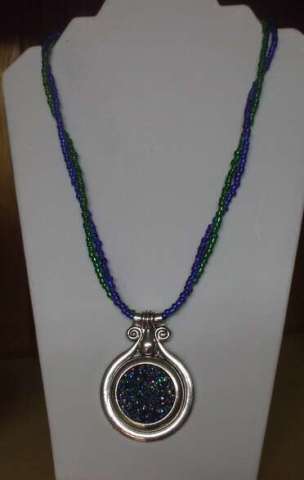 Blue and Green Beads with Multi Colored Silver Pendant