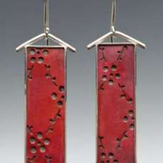 Hand Pierced Rectangular Red Earrings w/Flowers & Vines