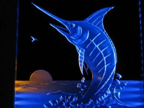 Jumping Marlin, Carved Glass with LED Lighting