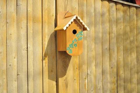 Red Cedar Bird House with white cedar detail & green ivory stencil