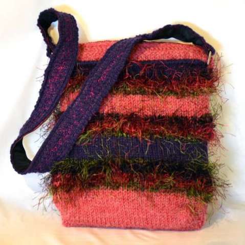 Knitted Salmon and Purple Purse, Handmade