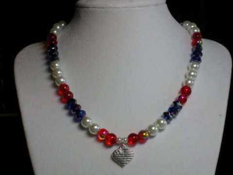 4th of July Czech and Glass Pearls with Sterling Silver Heartflag Pendent and Star Clasp