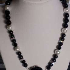 Black & White Glass Pearl Necklace with Swarowski Pendant