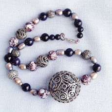 Gunmetal Medallion & Freshwater Pearl Necklace