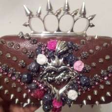 Purple Passion Flower Garden Metal Brass Nuckle Red Leather Spiked Clutch Purse